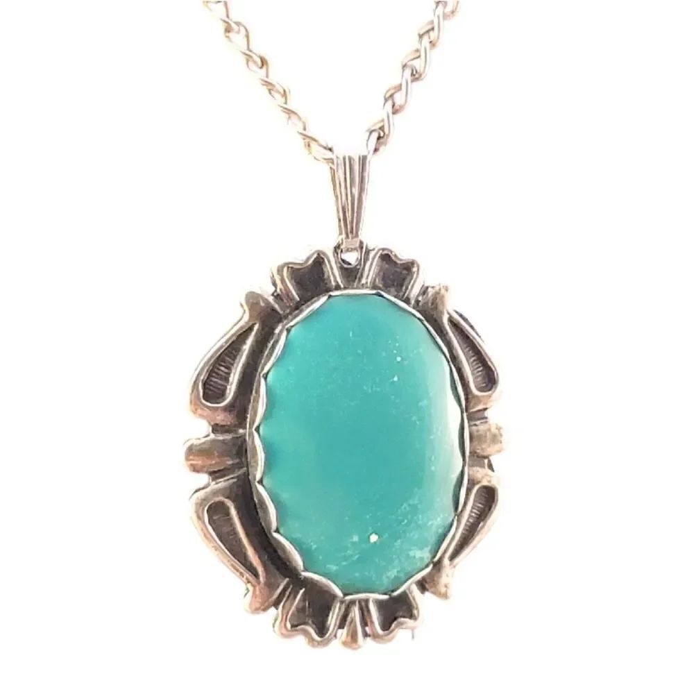Vintage Sterling Green Blue Chalcedony Art Deco Bezel Pendant
